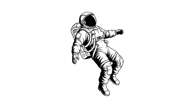 Spacewalking astronaut in vintage graphic style floating in outer space.