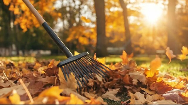 A close-up of a rake amongst colorful autumn leaves in sunlight.