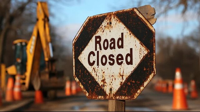 A rusty 'Road Closed' sign amidst construction activity.