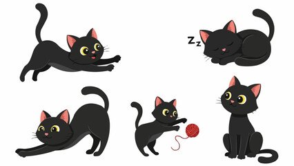Cute cartoon black cats in various playful poses and sleeping. © Dolar