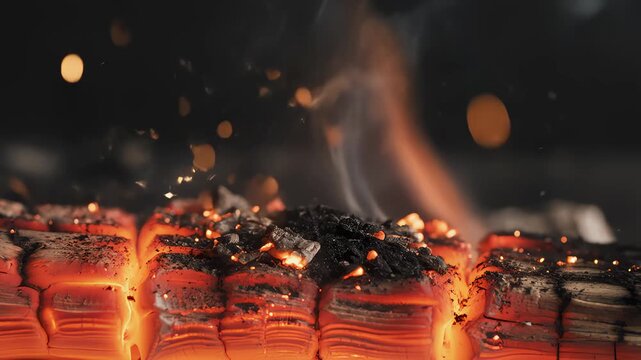 Glowing Wood Logs Expel Sparks in a Fire Pit Burning Hot Embers