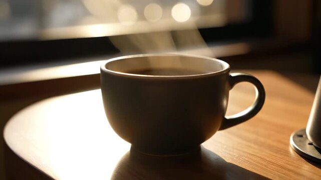Steaming coffee cup on wooden surface near window with bright sunlight