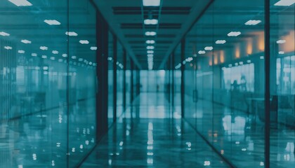 Symmetrical perspective of a modern office hallway with glass walls and bright ceiling lights in a cool blue tone