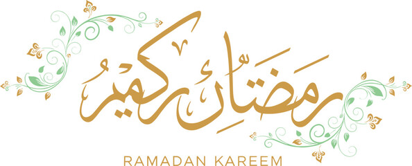 Ramadan Kareem greeting design, Arabic calligraphy gold text, green floral festive layout, Islamic holy month vector illustration © PORI 