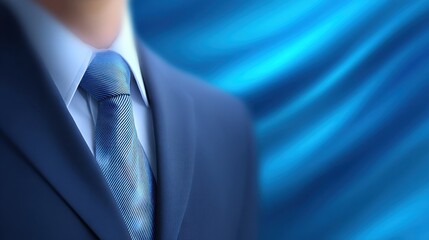 Business professional in suit with blue tie against blurred blue background, representing corporate success and modern professionalism in a dynamic environment