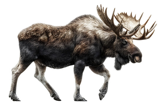 Extreme side view full body shot of a perfect looking moose isolated on a white transparent background
