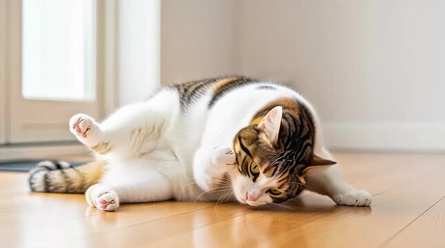 Playful calico cat rolling on wooden floor in bright room