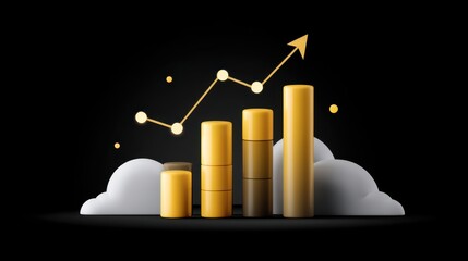 Golden Bar Chart Rising with Clouds and Directional Arrow on Black Background, Symbolizing Growth, Progress, and Success in Business Analytics