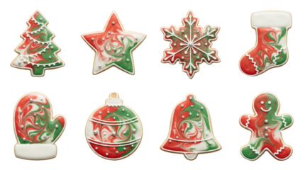 Marbled Christmas Cookie Collection with Tree Star Snowflake Stocking Bell and Red Green Swirl Glaze