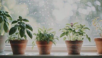Obraz premium Fresh herbs and green plants in terracotta pots arranged on a bright window sill with natural morning light