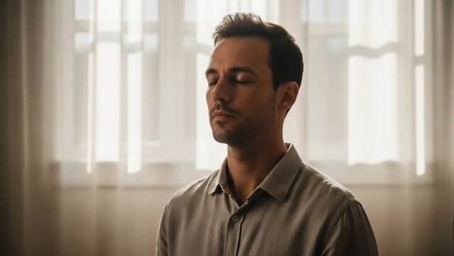 Man standing in front of a window with sheer curtains.