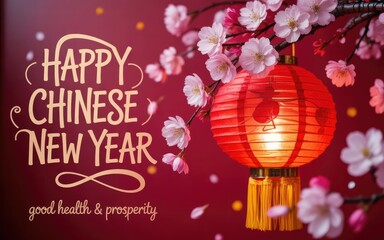 Happy chinese new year greeting card with red lantern and cherry blossoms on dark red background with gold text wishing good health and prosperity