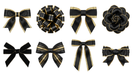 Luxury Black Gold Bows Collection with Ribbon, Rosette, Knot, Flower and Gift Decoration in Realistic Glitter Style