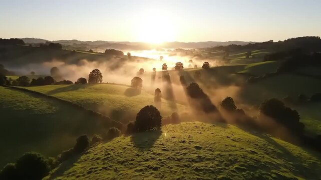 Sunrise over rolling hills with trees and mist.