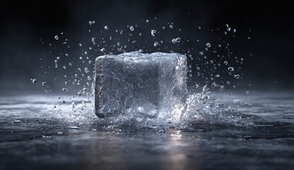 A solid ice cube dramatically splashes water in a dark, atmospheric setting