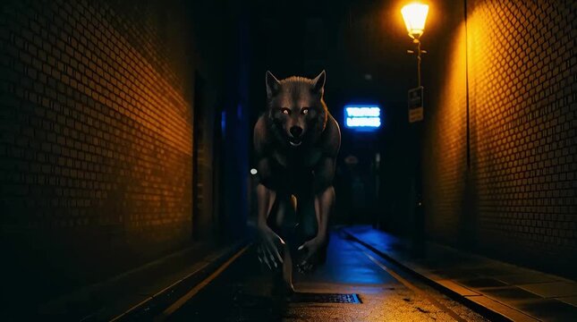 Mysterious wolf-like creature prowling through dark alleyway at night