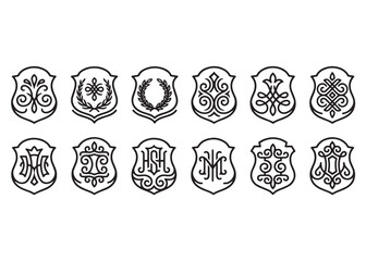 Set of vintage monograms with floral elements in ornate frame logo design