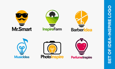Set of six creative light bulb logos representing different ideas and concepts.