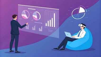 Business data visualization illustration featuring professionals analyzing charts and using virtual reality in a modern workspace