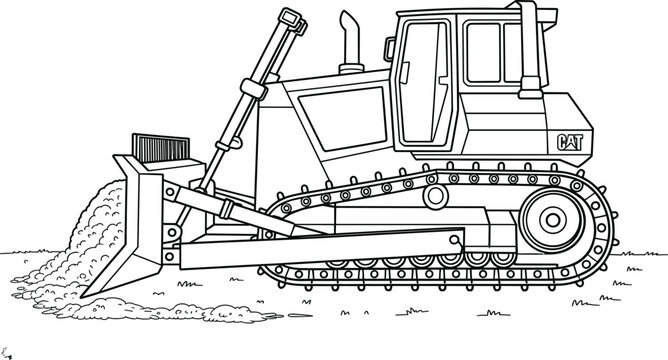 Bulldozer Line Illustration Featuring Heavy Construction Equipment, Tracked Earthmoving Machine, Industrial Engineering Vehicle and Detailed Machinery Design Vector
