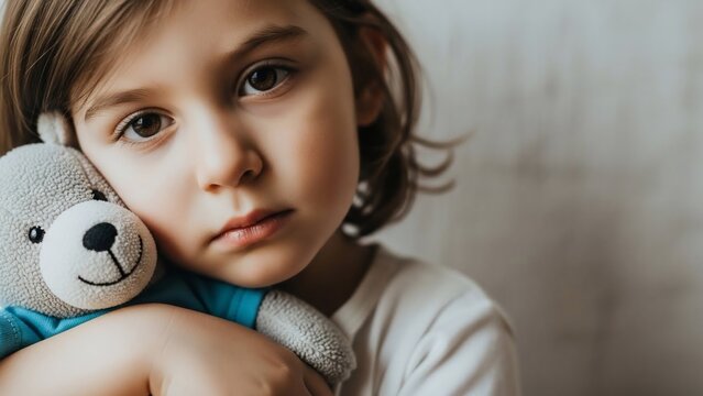 Sad young child holding a teddy bear close to their face.