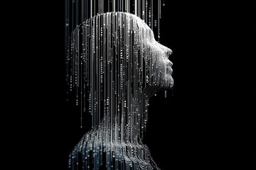 Abstract digital profile dissolving into light particles against a dark background
