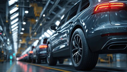 Shiny dark SUVs on assembly line, close-up of rear wheel and taillights