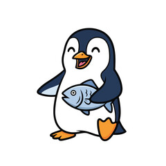 Obraz premium Cute penguin cartoon character holding a fish in its flipper