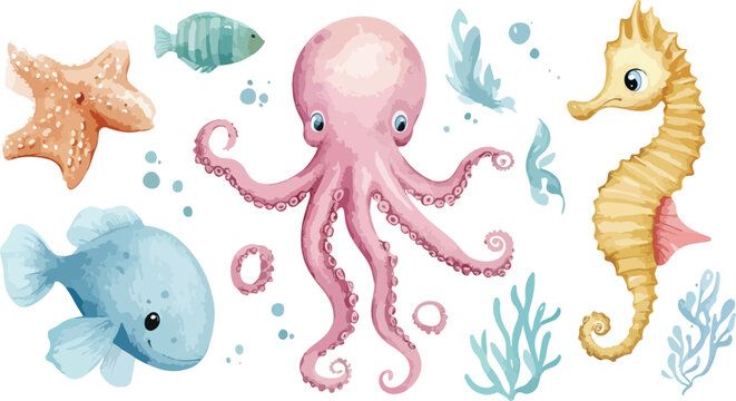 Funny cartoon sea creatures set featuring a seamless pattern of baby octopus and marine animals in a tropical underwater ocean illustration for aquarium wallpaper art design