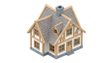 Cartoon Tudor-style house with stone foundation and tiled roof