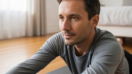 Young man doing yoga in a serene home environment.