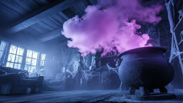 A spooky room featuring a cauldron emitting purple smoke.