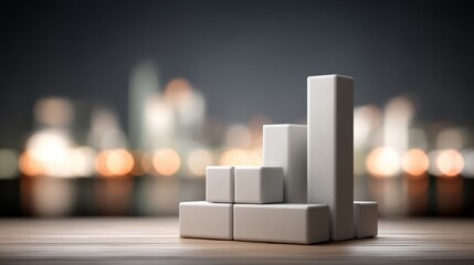 Minimalist white blocks forming a bar graph on blurred city skyline background at night, symbolizing business growth and success in a modern setting