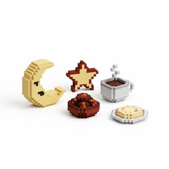Fototapeta premium Lego pieces arranged to resemble food items on a white background.