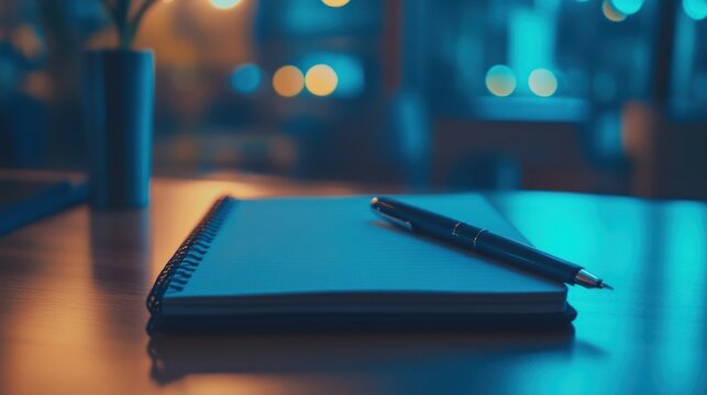 Spiral Notebook with Pen on Wooden Table with Bokeh Lights