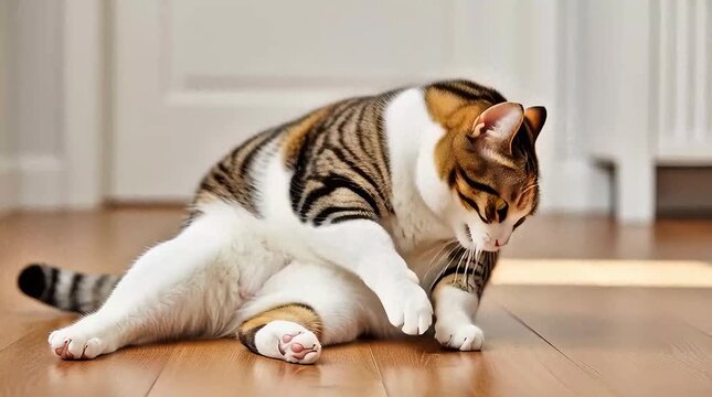 Playful calico cat grooming on wooden floor in home