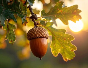 Acorn on oak tree branch with sunlight shining through.