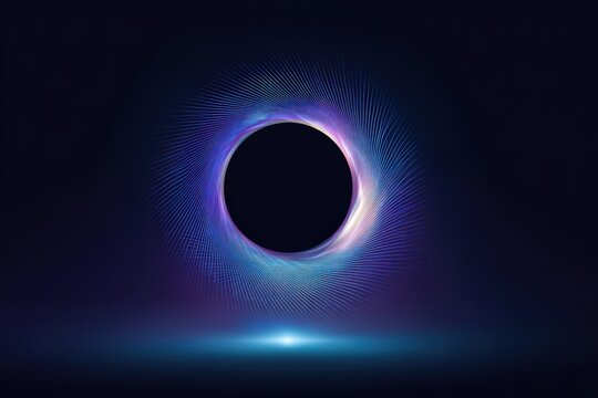 Dark circular void with radiating light energy against deep blue background