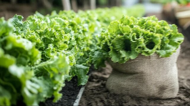 Fresh lettuce in a burlap sack, surrounded by lush garden rows.