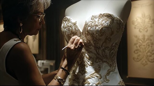 A seamstress expertly embellishes a bridal gown with intricate embroidery.