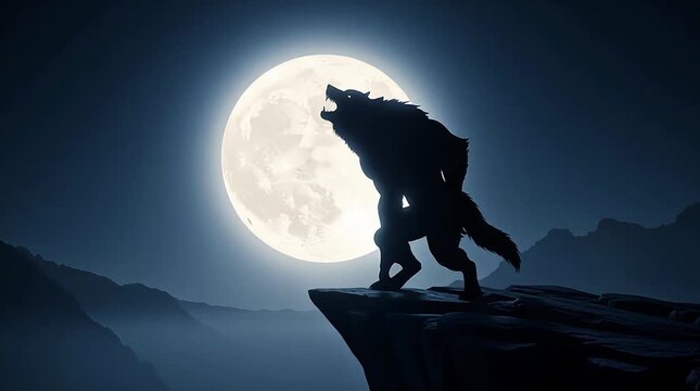 Silhouette of a werewolf standing on a cliff under a full moon