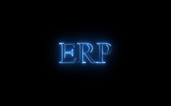 Glowing neon ERP text icon animates smoothly, strokes forming letters, subtle pulse, futuristic glow, looped motion, clean geometry, vibrant colors, enterprise technology energy, visual identity.
