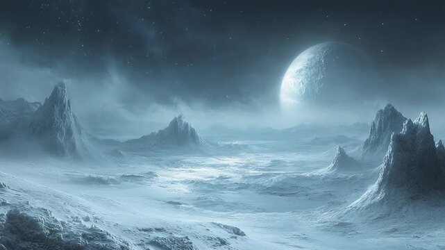 Mysterious Frozen Landscape Under a Cloudy Sky.
