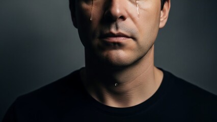 Obraz premium Man with tears streaming down his face in a dark setting.
