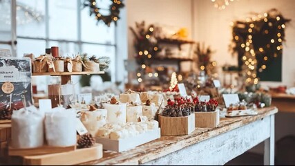 A cozy holiday market display filled with festive handmade gifts.