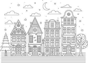 Obraz premium Whimsical line art town scene with vintage houses trees stars moon and cloudy night sky perfect for coloring designs