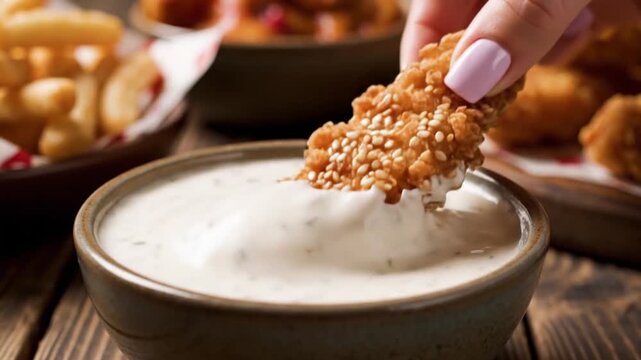 Delicious Fried Chicken Tender Dipped in Creamy White Sauce, Close Up.