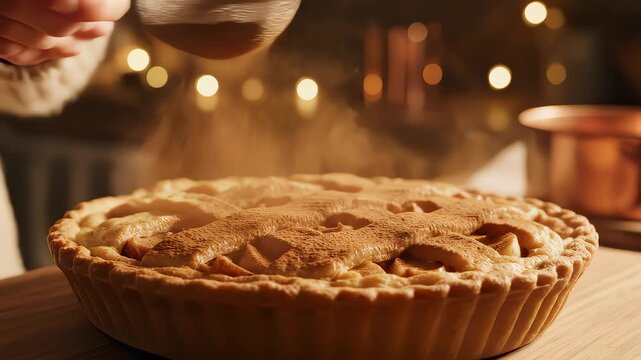 Person Dusted Apple Pie With Cinnamon in a Warm Kitchen Scene