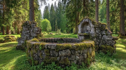 Stone Structure Covered in Moss in Verdant Forest Sunlight Filtering Through Trees Creating Depth and Texture with Lush Greenery and Natural Ambiance