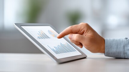 Business professional analyzing data on a digital tablet, showcasing graphs and charts related to market trends and financial performance in a bright office setting
